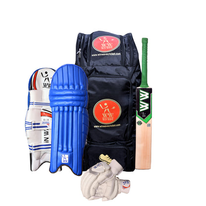 Cricket Kit Bag, Blue Batting Pads, Batting Gloves - RH